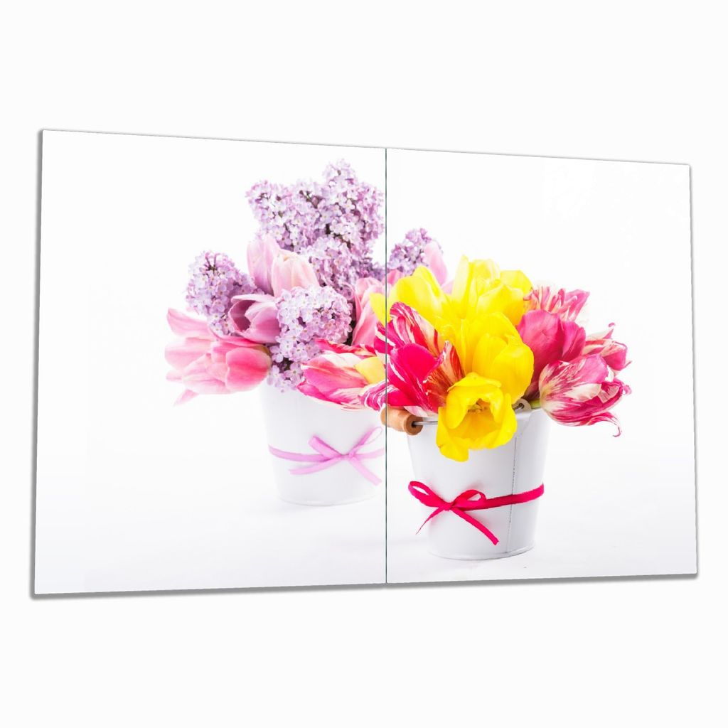 Wallario Herdabdeckplatte aus Glas, Größe 80 x 52 cm 2-teilig, Motiv Zwei Blumen-Bouquets aus gelben und roten Tulpen und Flieder
