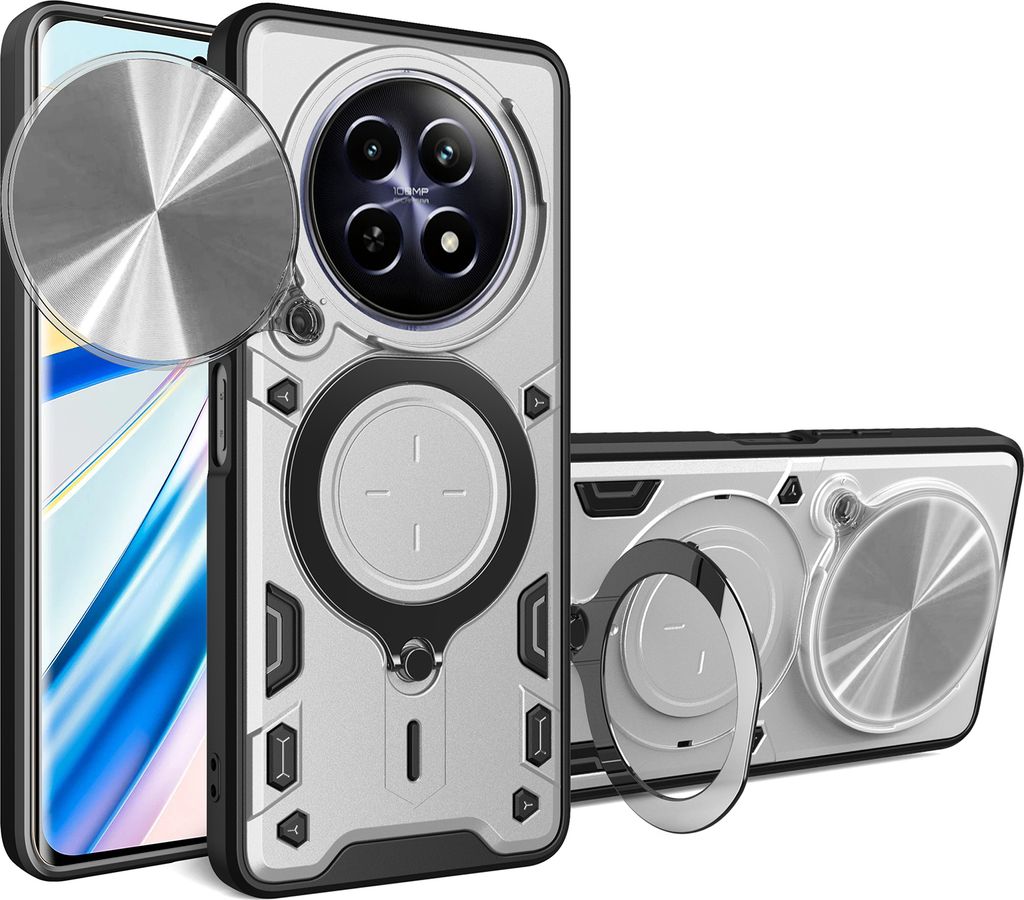 Handyhülle für Realme 12 Dual-Layer Stoßfest Rüstung Hülle mit Dia Kameraschutz und Kreisförmig Ring Ständer Silber