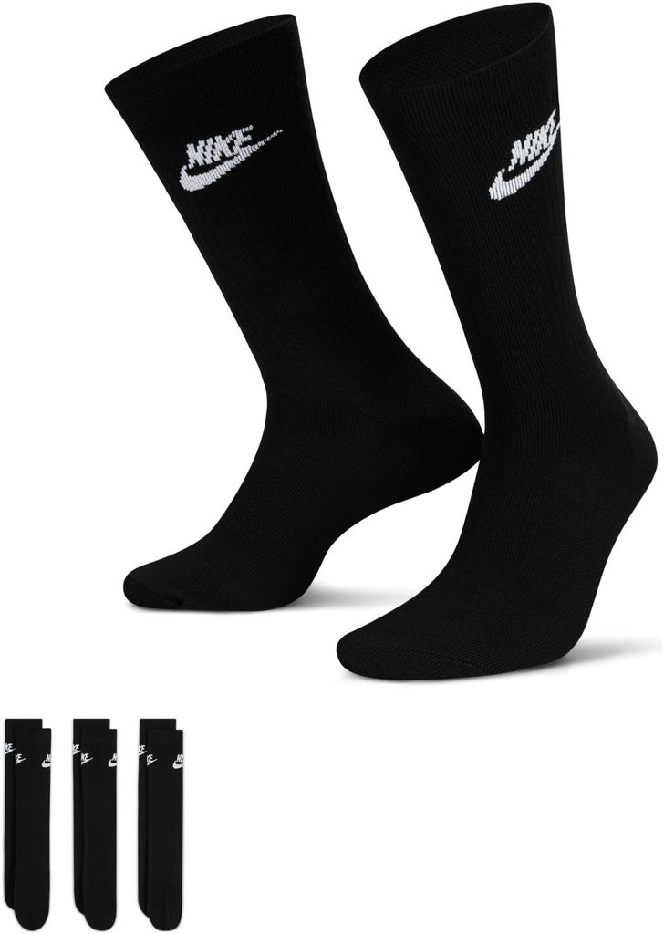 Two pairs of black Nike crew socks are displayed prominently, with three additional pairs shown in a smaller arrangement below.
