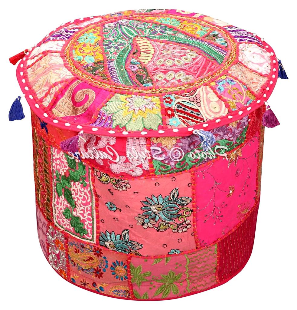 Pouf Sitzsack Osmanischer Pouffe Bezug Rosa Indisch Bestickt Patchwork Baumwolle Traditionell Rund (16x16x13 Zoll) 40 cm