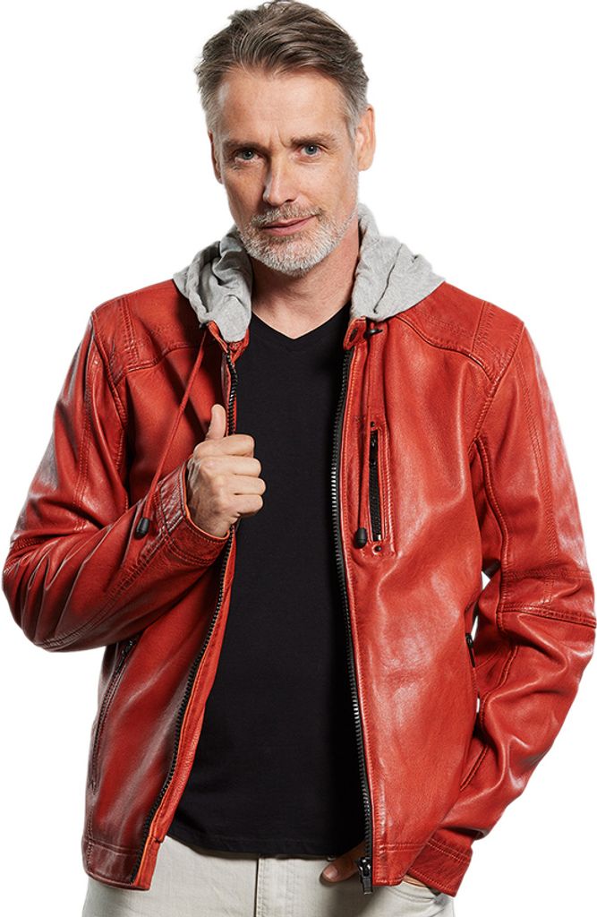 Jilani - Herren Lederjacke Kapuze Lammnappa rot-orange : 60