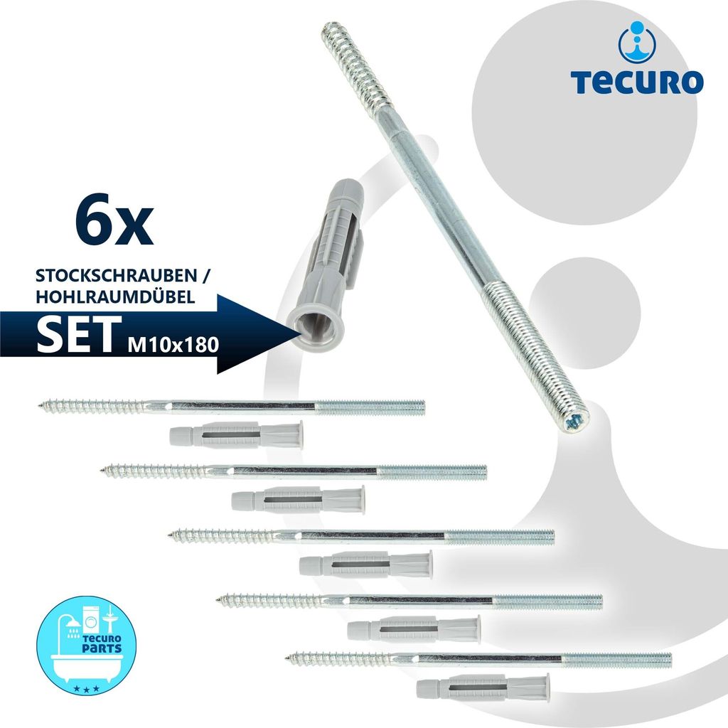 tecuro Stockschraube M 10 x 180mm, Stahl verzinkt mit Dübel 12,0 x 71mm - VPE 6 Stück