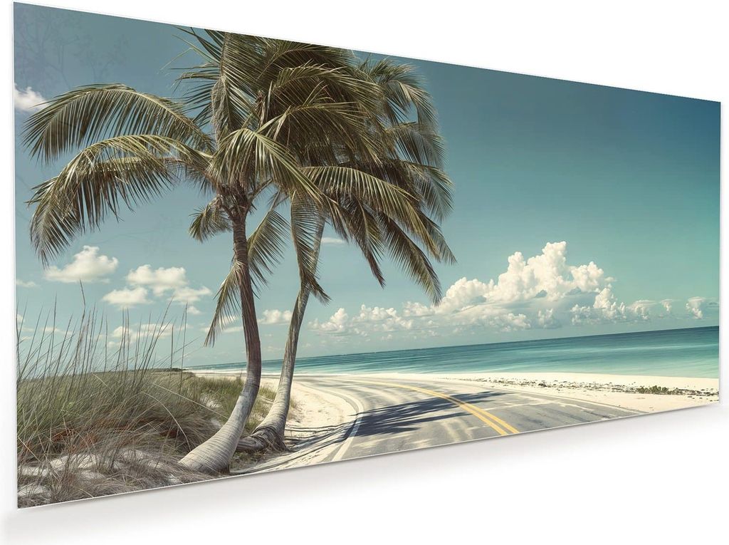 Glasbild 110x55cm in XXL für Wohnzimmer, Schlafzimmer Motiv Strandstraße Palmen