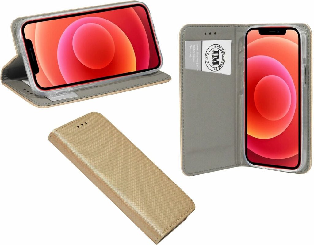 Buch Tasche Smart für iPhone 12 Pro Handy Hülle Etui Brieftasche Schutzhülle mit Standfunktion, Kartenfach Gold