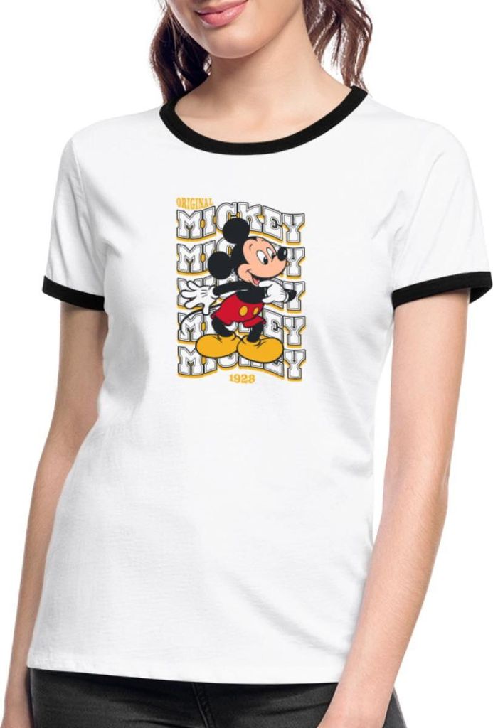Mickey & Minnie Mickey Mouse Original 1928 Frauen Kontrast T-Shirt, XL, Weiß/Schwarz