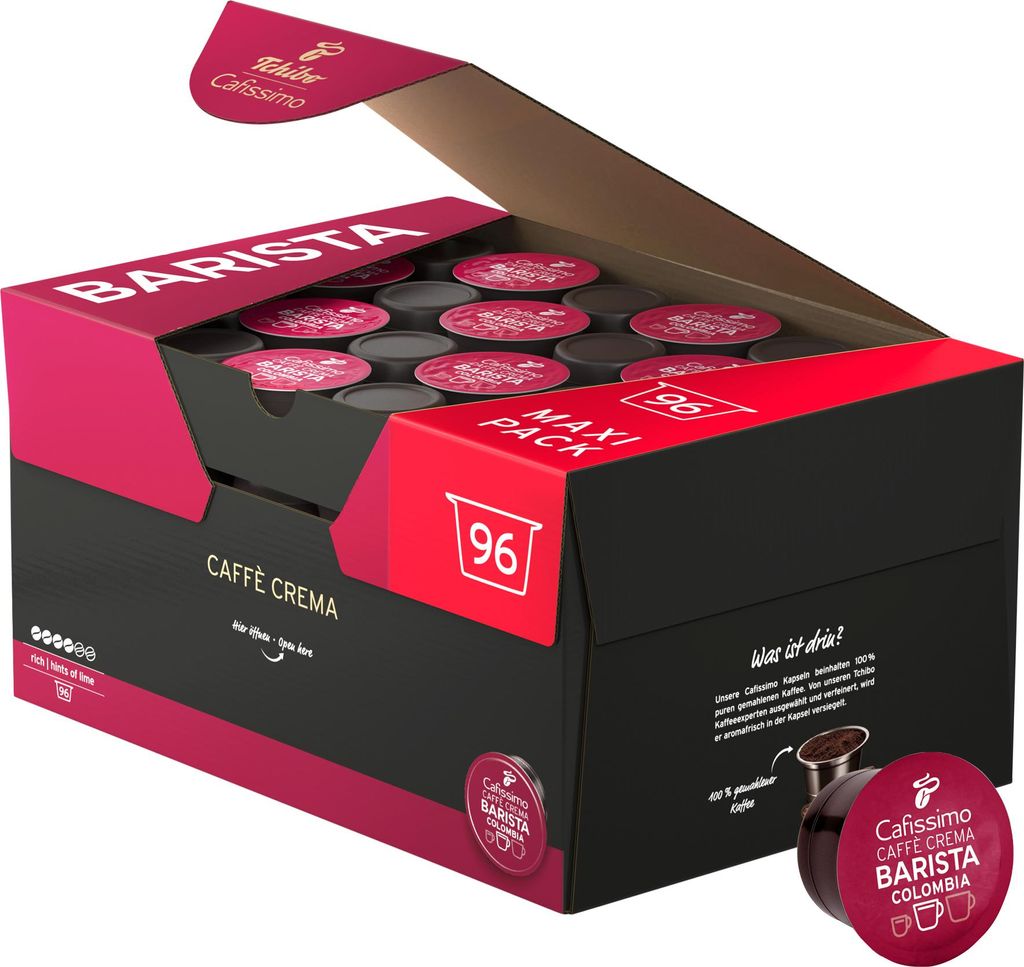 Tchibo Cafissimo Vorratsbox Caffè Crema Colombia Kaffeekapseln, 96 Stück (Kaffee, ausdrucksstark mit Hauch von Limette), nachhaltig & fair gehandelt