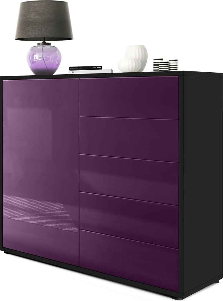 Vladon Sideboard Ben V2, Germany, Kommode mit 1 Tür und 5 Schubladen, Schwarz matt/Brombeer Hochglanz (79 x 74 x 36 cm)