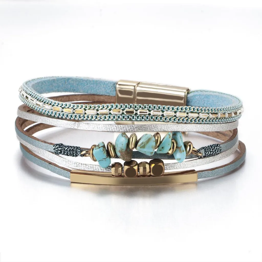 Bracelet en cuir femme turquoise bohème fait main avec cuir de vachette