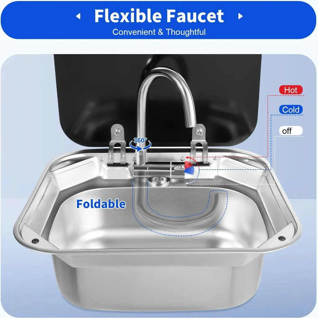 Évier camping-car encastrable inox 304 avec mitigeur rabattable 41x36cm - 6