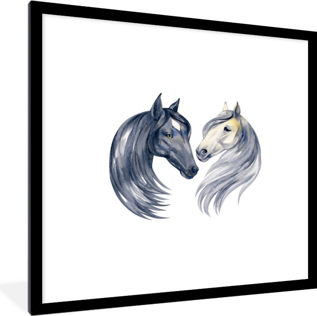 MuchoWow MuchoWow Gerahmtes Poster Pferde - Aquarell - Weiß - Mädchen - Kinder - Mädchen 40x40 cm - Poster mit zchwarzem Bilderrahmen - Post...