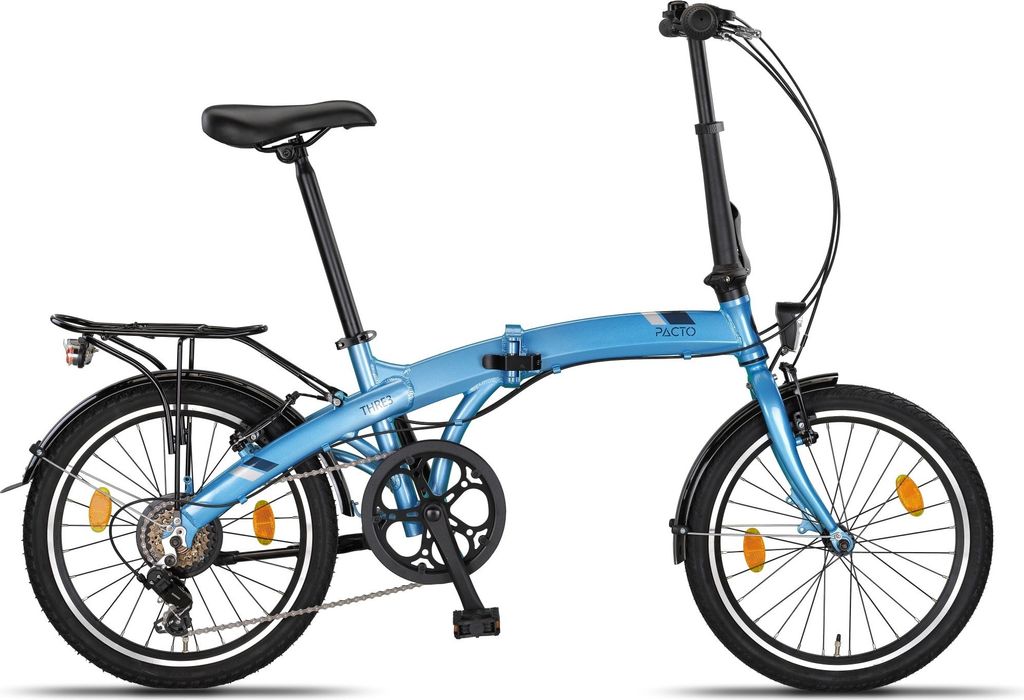 PACTO THREE Hochwertiges Klappfahrrad 27cm Aluminiumrahmen 20 Zoll Aluminiumräder 6 Speed Shimano Gänge Faltrad V-Bremsen Faltfahrrad Klapprad Blau