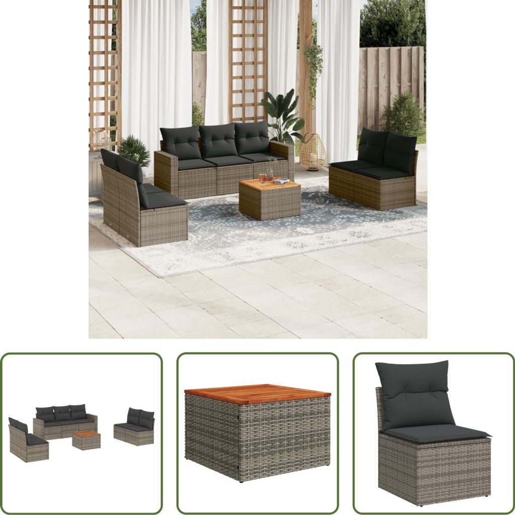 The Living Store 8-tlg. Garten-Sofagarnitur mit Kissen Grau Poly Rattan