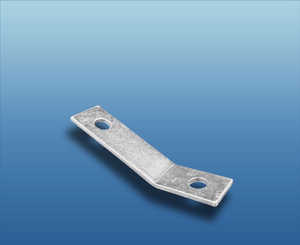 A metal bracket with two holes is shown against a blue gradient background.