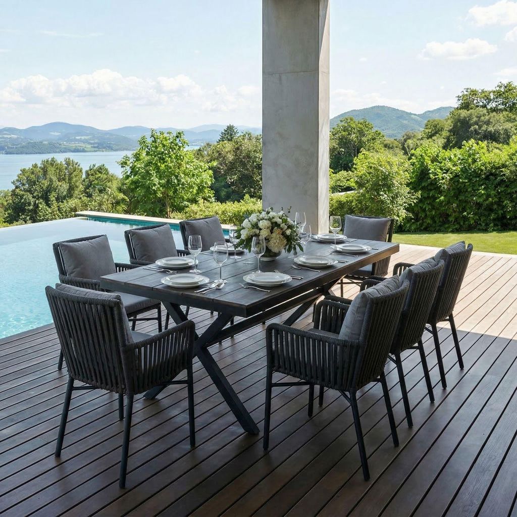 Gartenmöbel-Set AFUERA Tisch mit 8 Stühlen, Schwarz - Outdoor Essgruppe für bis zu 8 Personen, wetterfest und pflegeleicht, wasserabweisende Sit...