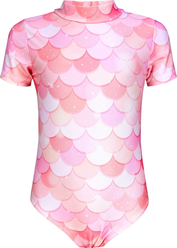Aquarti Baby Mädchen Badeanzug Einteiliger Kurzarmbody UV-Schutz Schwimmanzug Body Swimmsuit, Farbe: Meerjungfrau Rosa / Aprikose, Größe: 110
