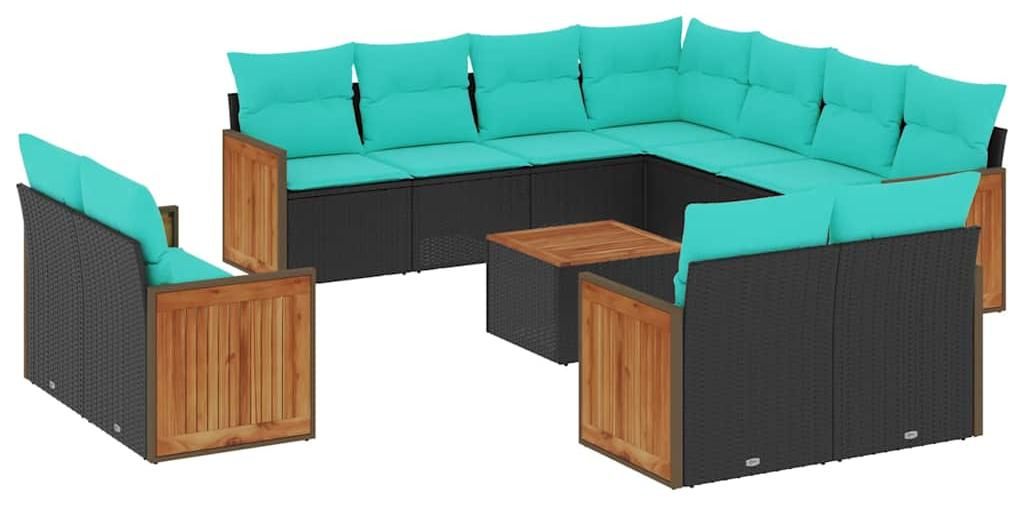vidaXL 12-teiliges Gartensofa-Set mit Kissen, schwarzes Polyrattan