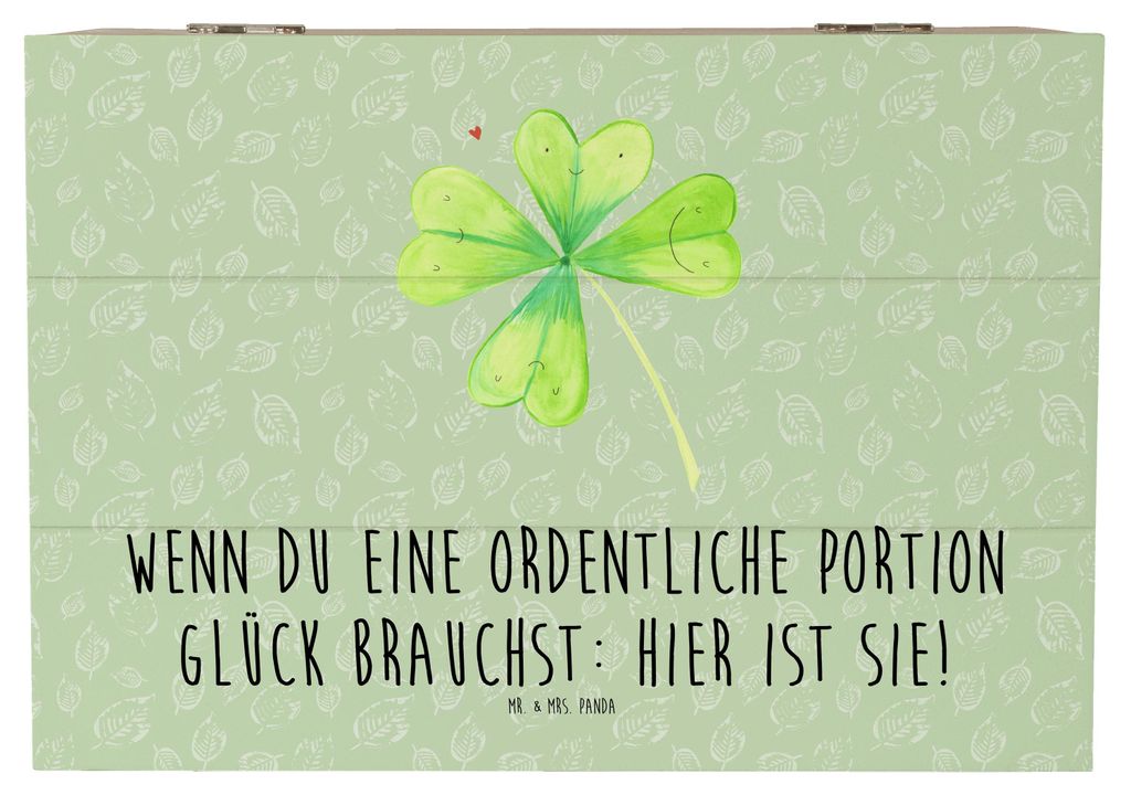 Mr. & Mrs. Panda Holzkiste Blume Kleeblatt 22 x 15 cm - Blattgrün - Geschenk, schatztruhe, Geschenkbox, mit Deckel, Umzug, fotobox, Garten, Motiva...