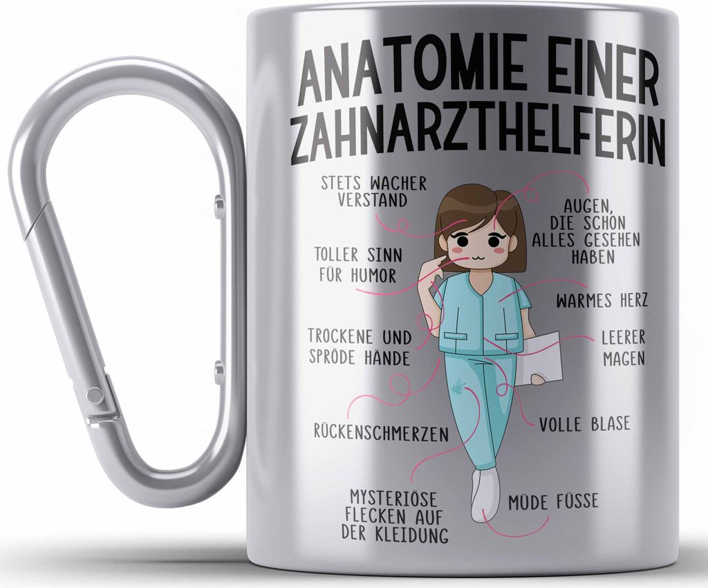 Trendation - Zahnarzthelferin Edelstahl Tasse Karabiner Geschenk Lustig Zahnarzt Damen Kollegin Geschenkidee Zahnmedizinische Fachangestellte Anato...