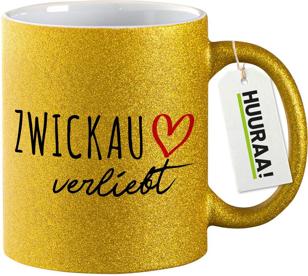 Huuraa Glitzertasse Zwickau verliebt 330ml Gold Keramik Kaffeebecher Geschenkidee