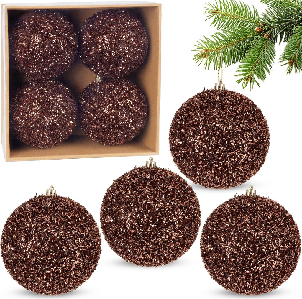 BRUBAKER Glitzer Weihnachtskugeln - 4er Set große Glitter Baumkugeln - 10 cm Christbaumkugeln Bruchsicher - Kunststoff Christbaumschmuck, Braun