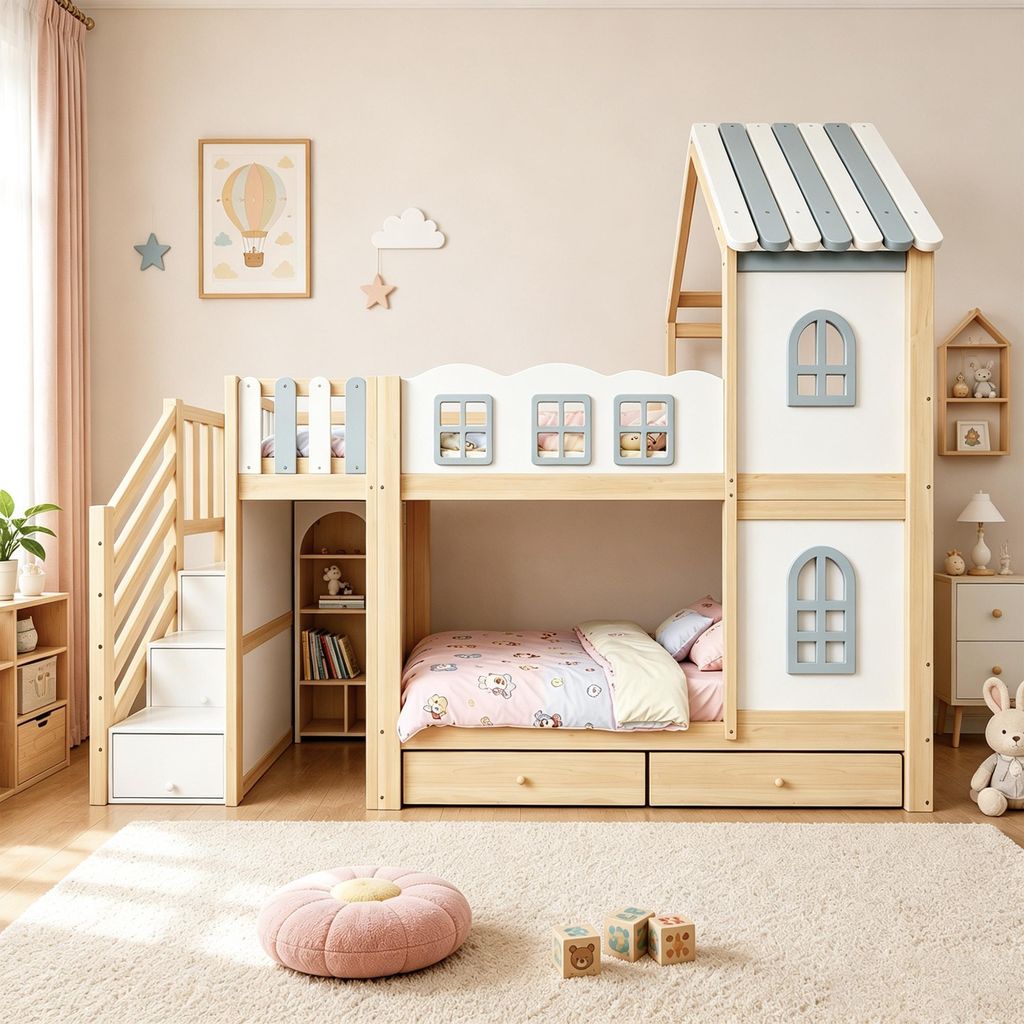 Letto a castello Flieks 90x200 cm con mensola e 2 cassetti, Immagine del prodotto 
