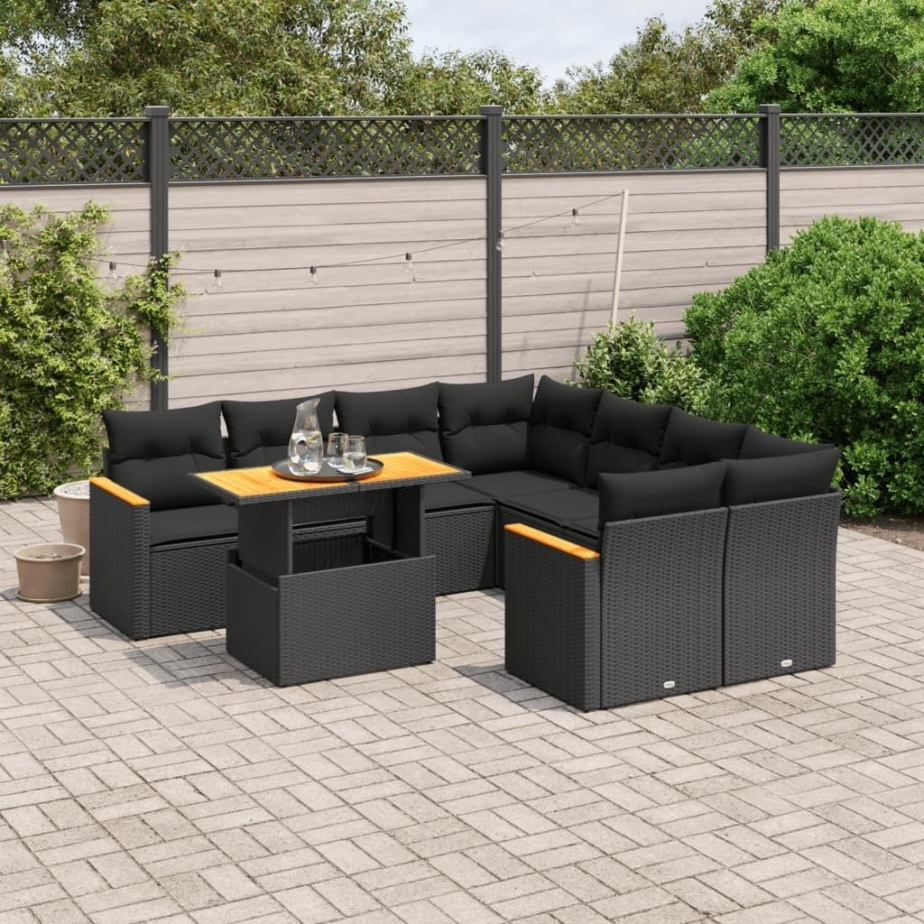 Design 9-tlg. Garten-Sofagarnitur mit Kissen Schwarz Poly Rattan, Gartenmöbel-Sets 2024 Neu