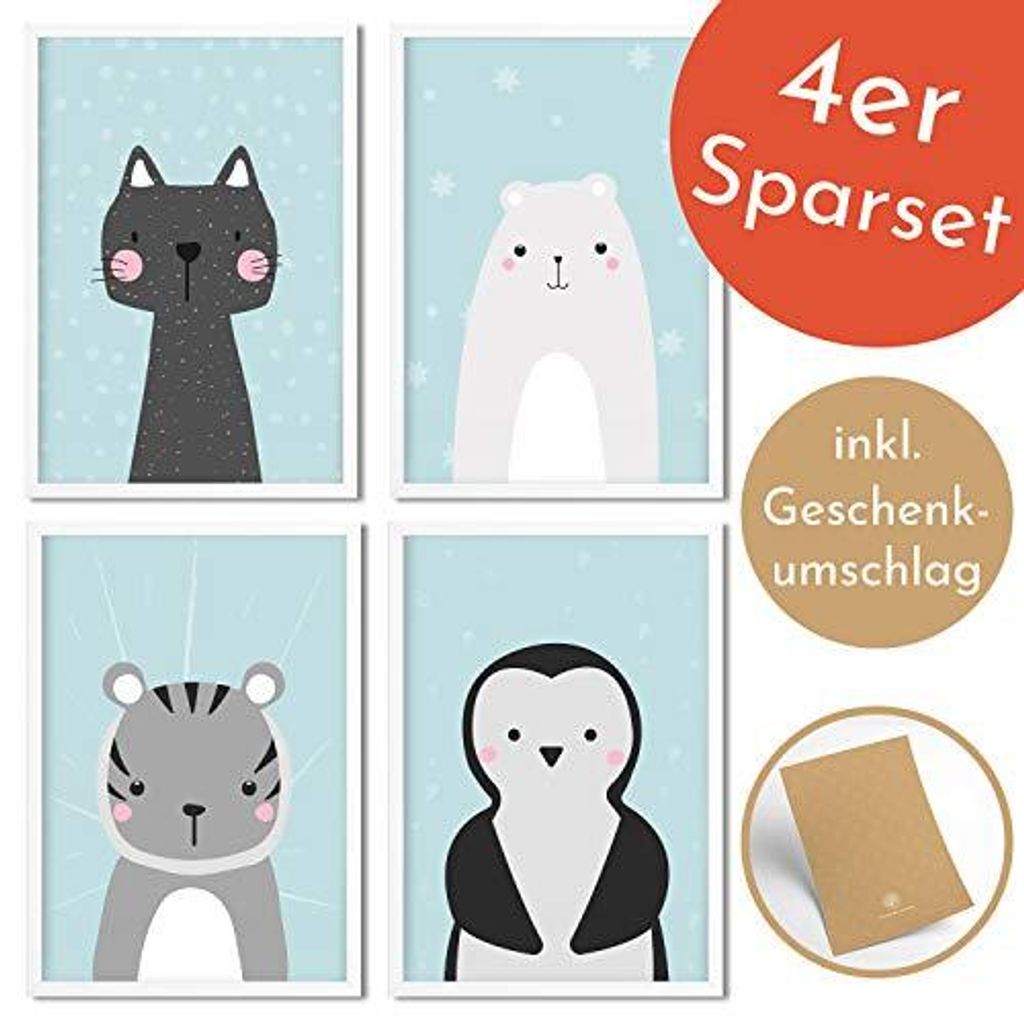 Golden Posters 4er Bilder Set Poster hochwertig süße Motive mit Tieren - Bilder Deko Kinderzimmer Mädchen und Junge - Bilderset Baby - Papier DI...