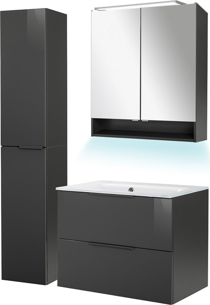 Fackelmann LUNA Badmöbel Set 5-teilig, 80 cm breit, Anthrazit, Glas Weiß + LED Spiegelschrank mit Ambientebeleuchtung + Hochschrank
