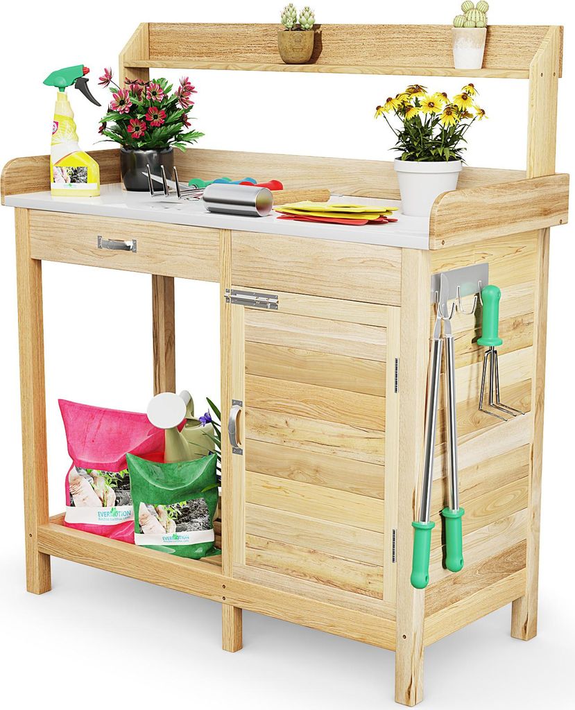 Pflanztisch, Arbeitstisch mit Tannenholz-Metall-Tischplatte, Gartenmöbel Natur Gartenarbeitsbank mit Schublade, Stauraum, Schrank und offenem Regal