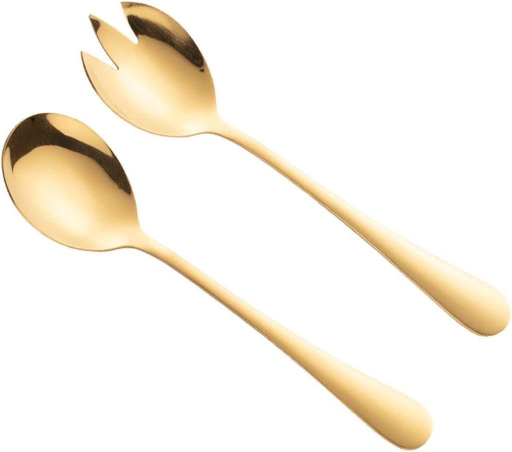 Set aus 2 vergoldeten Salatbestecken aus Edelstahl: stabiler Löffel und Gabel für Salate/Obst, elegante, handgefertigte Verarbeitung