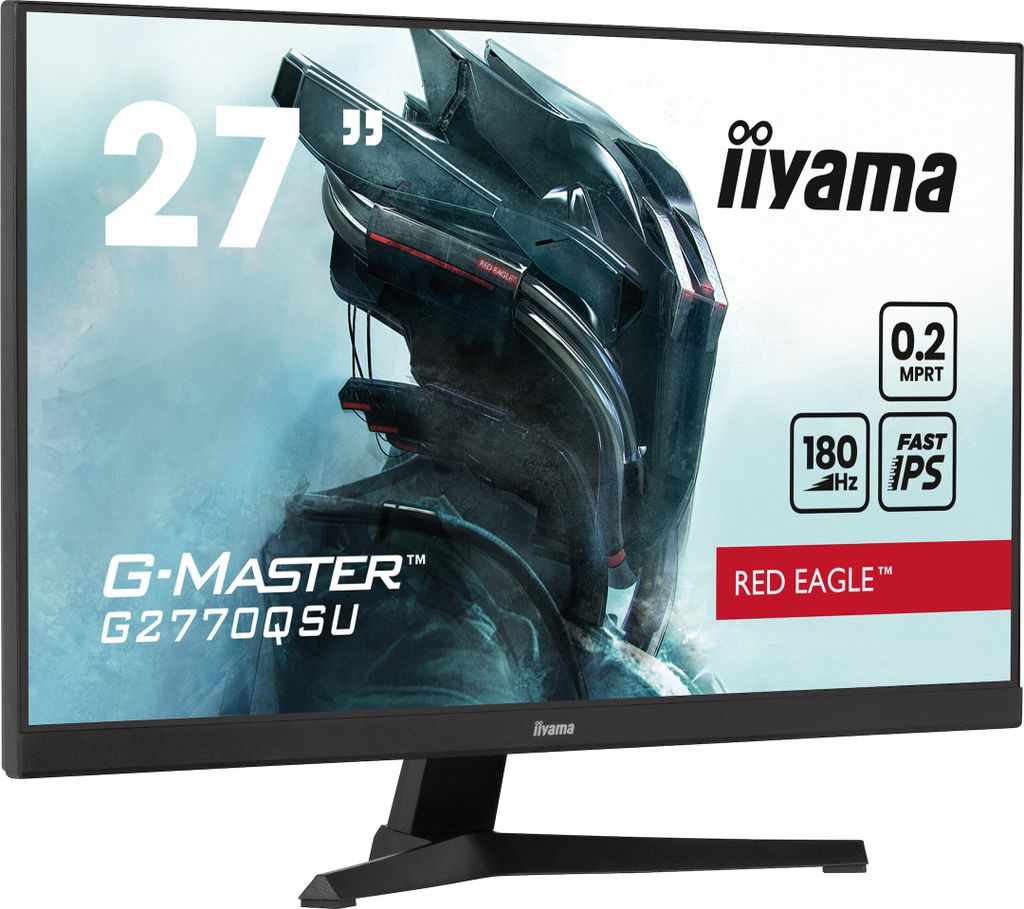 A marketing image for an Iiyama G-MASTER gaming monitor, featuring a stylized robotic character and key specifications.