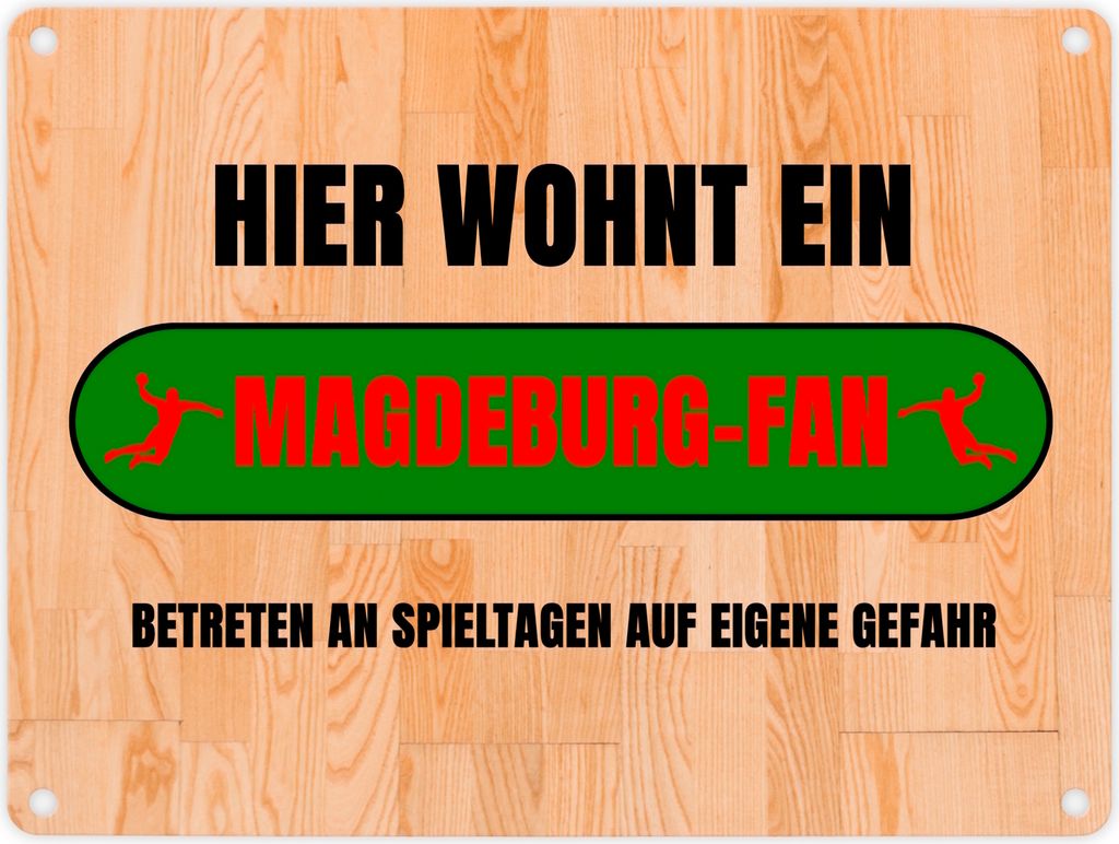 Hier wohnt ein Magdeburg-Fan Metallschild in 15x20 cm mit Turnhallenboden Motiv