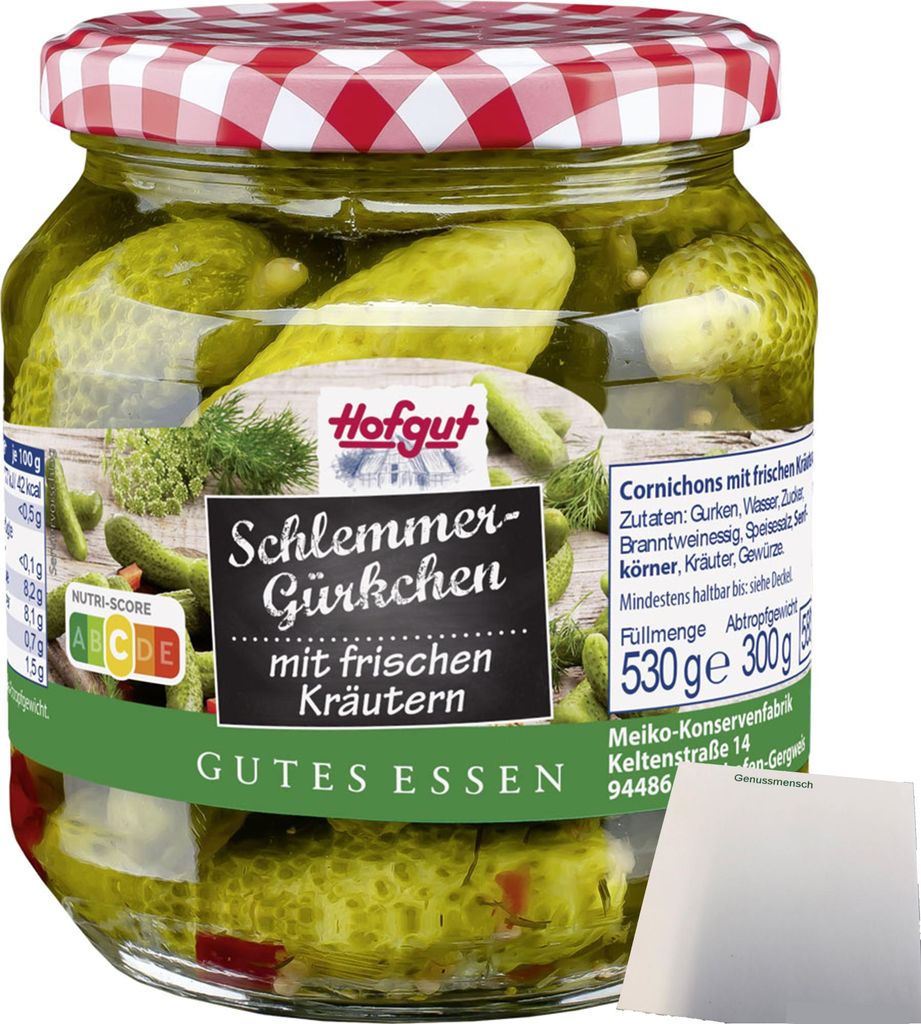 Hofgut Schlemmergürkchen mit Kräutern (580ml Glas) + usy Block