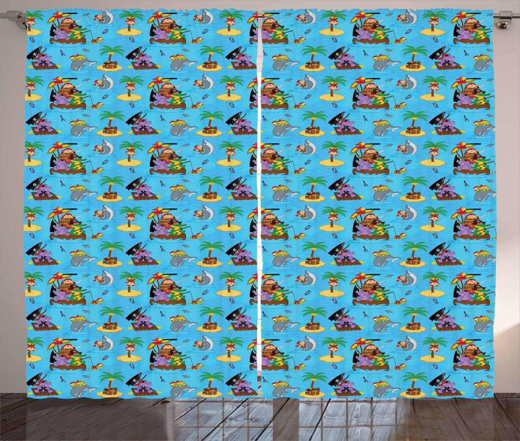 ABAKUHAUS Pirates Rustikaler Gardine, Lustige Explorer Tiere, Schlafzimmer Kräuselband Vorhang mit Schlaufen und Haken, 280 x 245 cm, Mehrfarbig