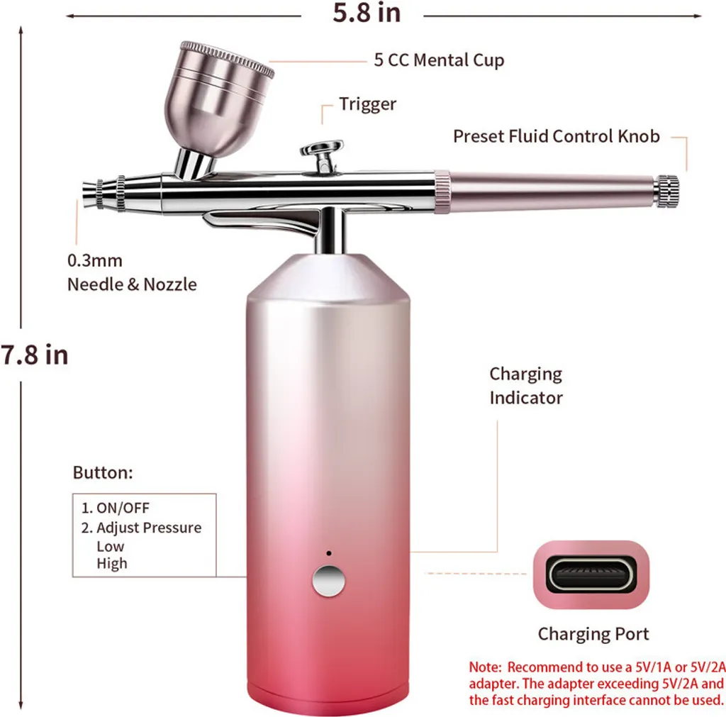 Kit aérographe rose sans fil à pression réglable et batterie longue durée - 4