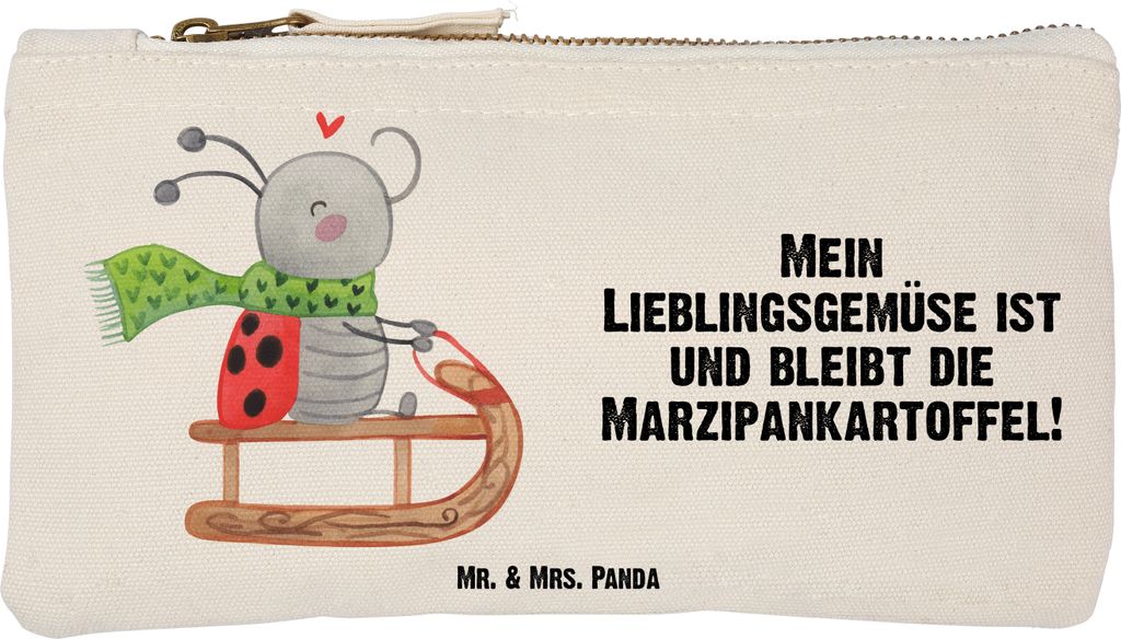 Mr. & Mrs. Panda Waschbeutel Smörle Rodeln Größe S Klein - Weiß - Geschenk, kosmetiktäschchen, Make-Up Tasche, Marzipan, Schlittenfahren, Fede...