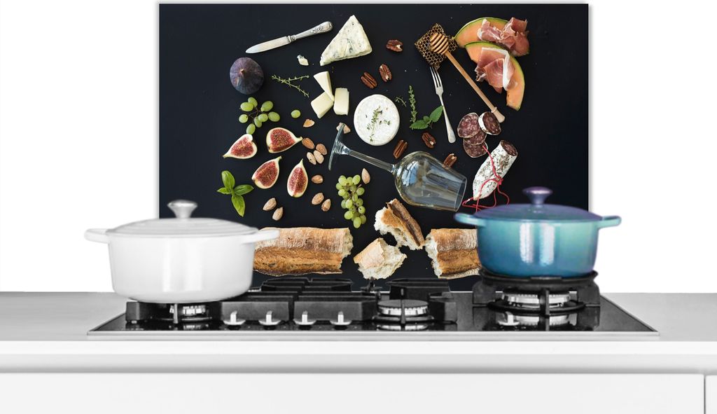 KitchenYeah Spritzschutz Küche - Küchenrückwand - Wandschutz für Herd und Spüle - Wein - Obst - Käse 70x50 - Alu-Dibond (Alternative zum S...