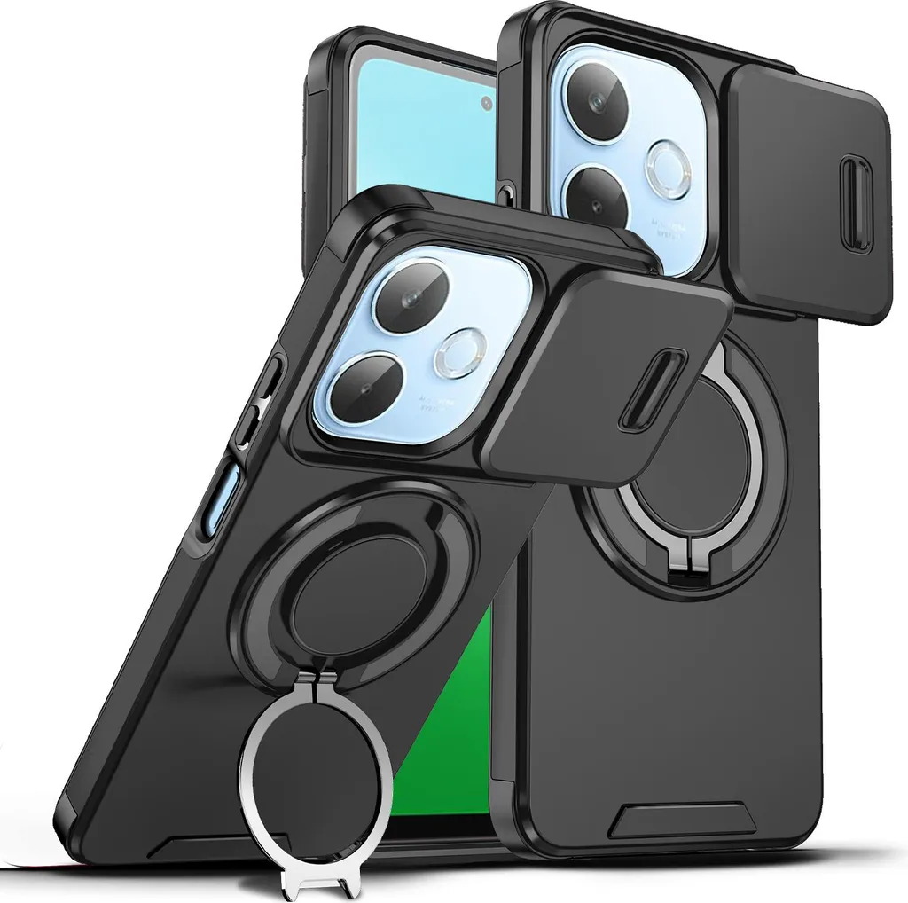 Custodia a doppio strato per Oppo A5 Pro, copertura scorrevole della fotocamera e supporto ad anello magnetico Nero