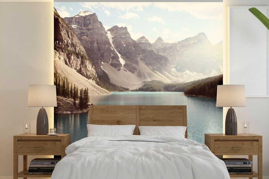 MuchoWow Fototapete für Wohnzimmer oder Schlafzimmer Wandtapete Vinyl Motivtapete Kanadas Moraine Lake mit dem Tal bei Lake Louise - 350x350 cm ...