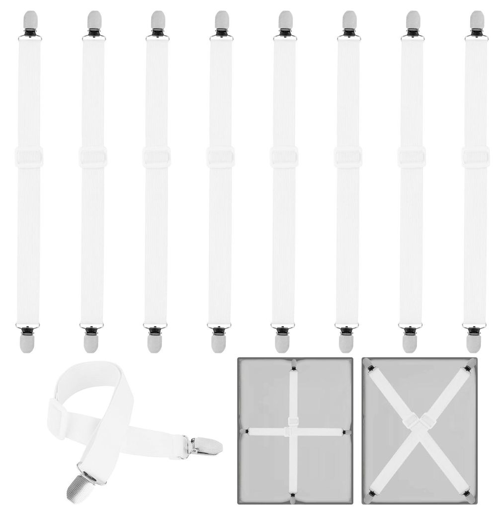 8-teiliges Set Bettlakenbefestigungen, 55 cm – 250 cm, verstellbare Bettlakenbänder, Befestigungen für Laken, Matratzen, Sofas und Bügelbretter
