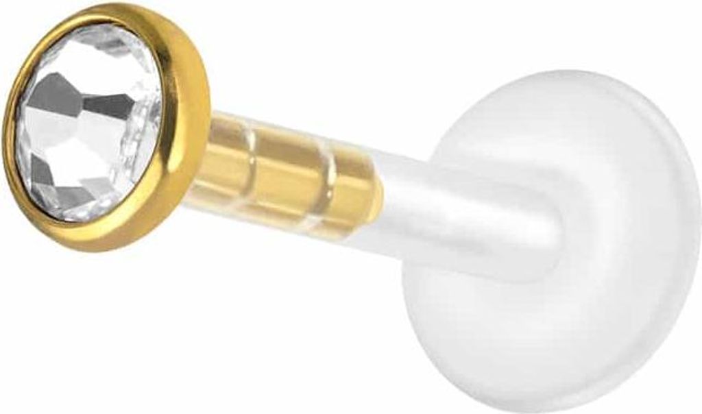 Ohrpiercing, Nasenpiercing PMFK Labret mit Plug-in System + Chirurgenstahl-Aufsatz FLACHER KRISTALL Gold Stablänge: 8mm | Discgröße: 2mm