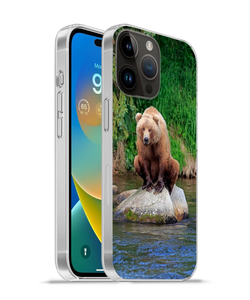 MuchoWow Handyhülle Schutzhülle Hülle für Apple iPhone 14 Pro Max Bär - Stein - Tier Silikon Softcase Handy Hülle - Hardcover