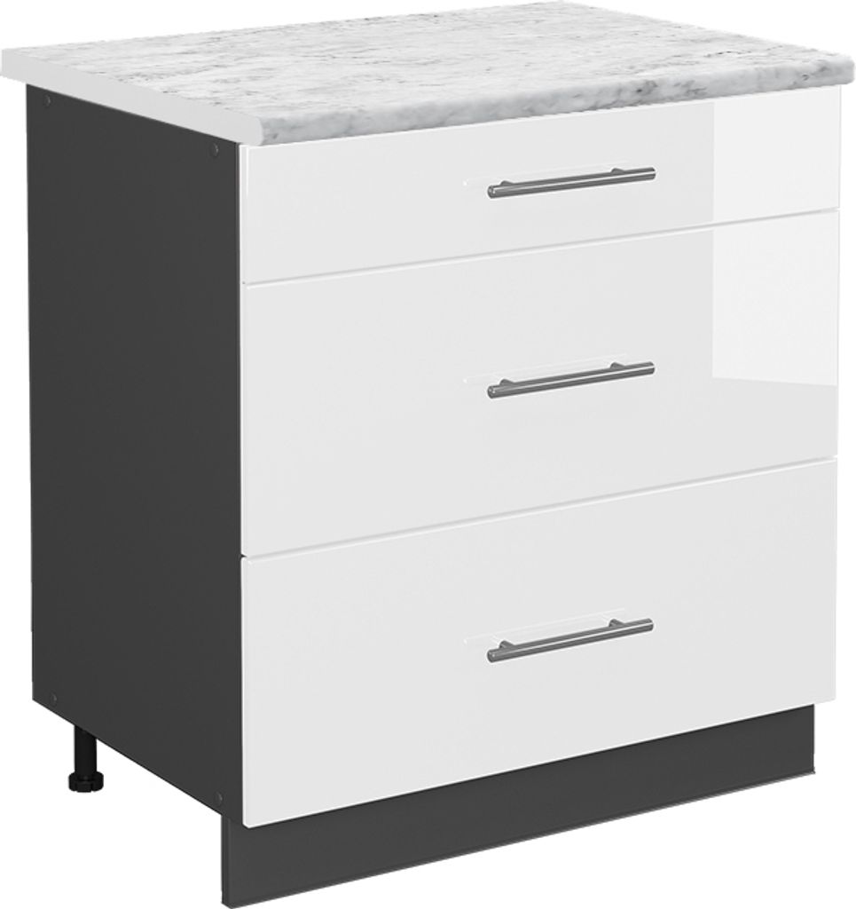 Küchenunterschrank Vicco Fame-Line Weiß Hochglanz 80 cm mit 3 Schubladen, AP Marmor, Model 46736