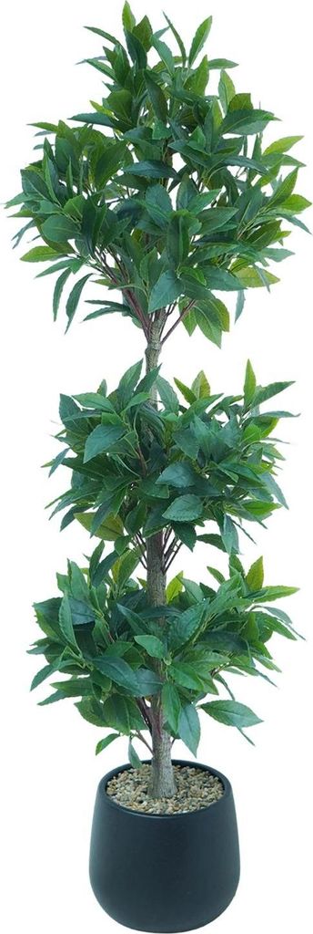 Künstlicher Lorbeerbaum - Topfpflanze - 120 cm - Mit Stamm - Kunststoffblätter - Zur Bodenaufstellung - Für Außenbereich - Schwarzer Topf - Tie...