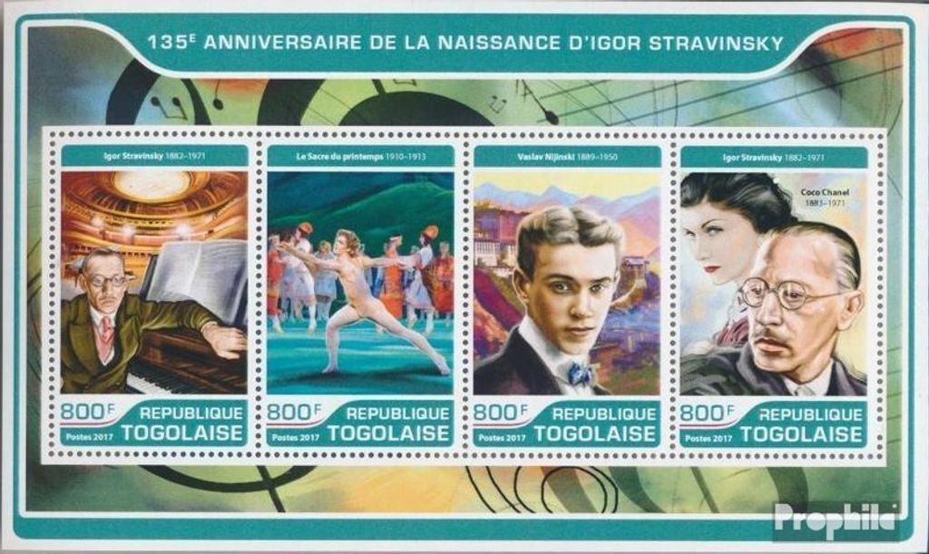 Briefmarken Togo 2017 Mi 8099-8102 Kleinbogen (kompl. Ausgabe) postfrisch Igor Strawinsky