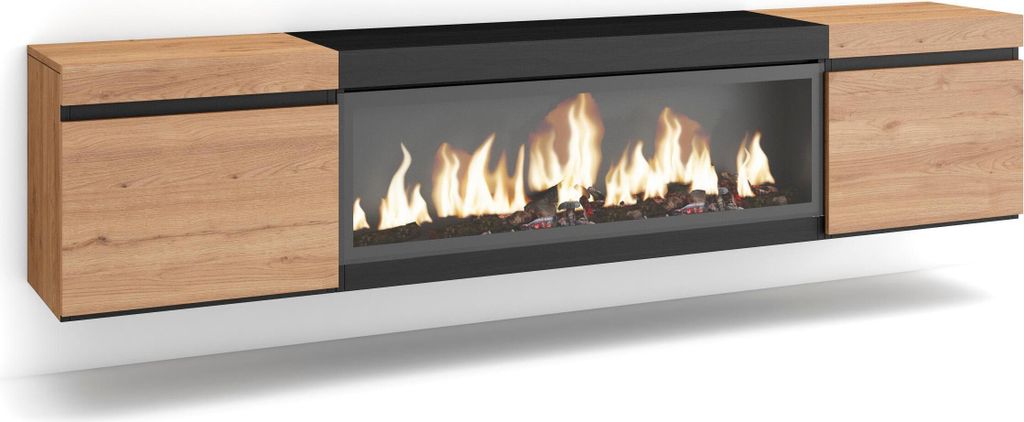 A modern, wall-mounted TV cabinet with a built-in electric fireplace.