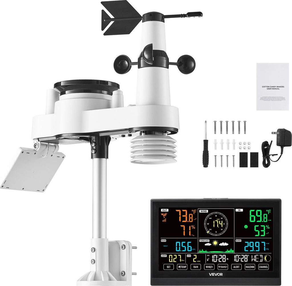 SucceBuy 7-in-1-Wetterstation Funk mit 7,5-Zoll-Display, solarbetriebenem Außensensor, Regenmesser, zur Wettervorhersage sowie Messung von Tempera...