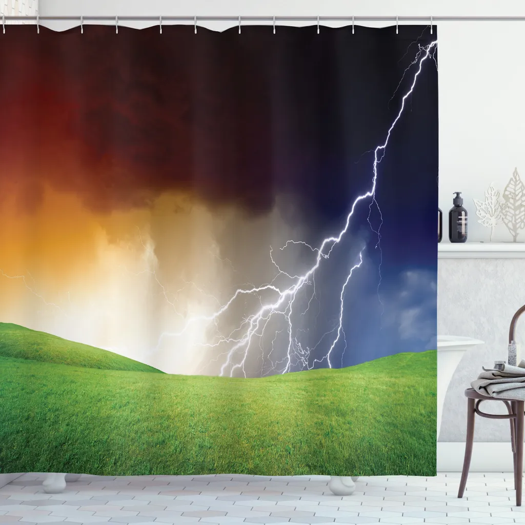 ABAKUHAUS Tenda da doccia naturale, Donner-Flash-Feld, alta qualità con set di 12 ganci, facile da pulire, resistente allo scolorimento, resistente all'acqua e ai batteri, 175 x 220 cm, verde-arancione-blu