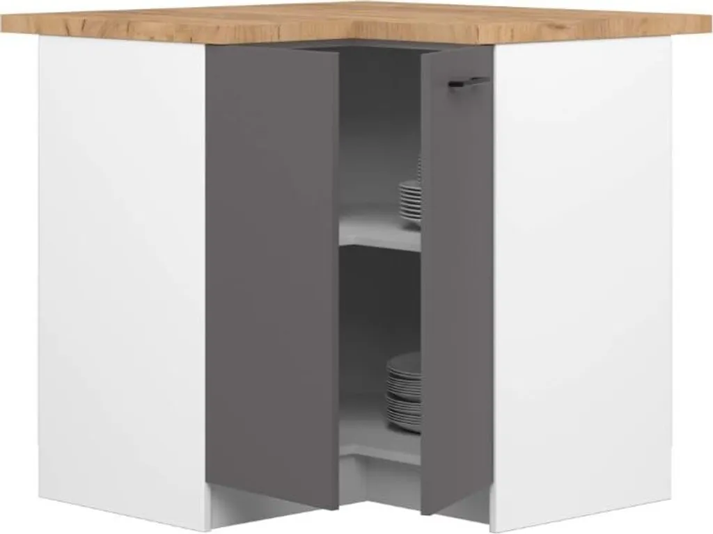 Armoire de cuisine d'angle 90 cm bicolore blanc et gris avec comptoir BDW