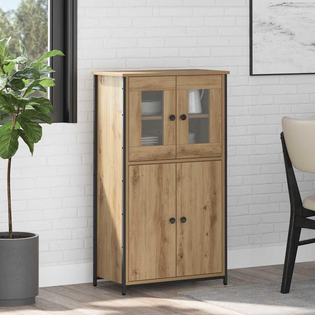 A highboard cabinet is shown in a room setting with a plant and a chair.